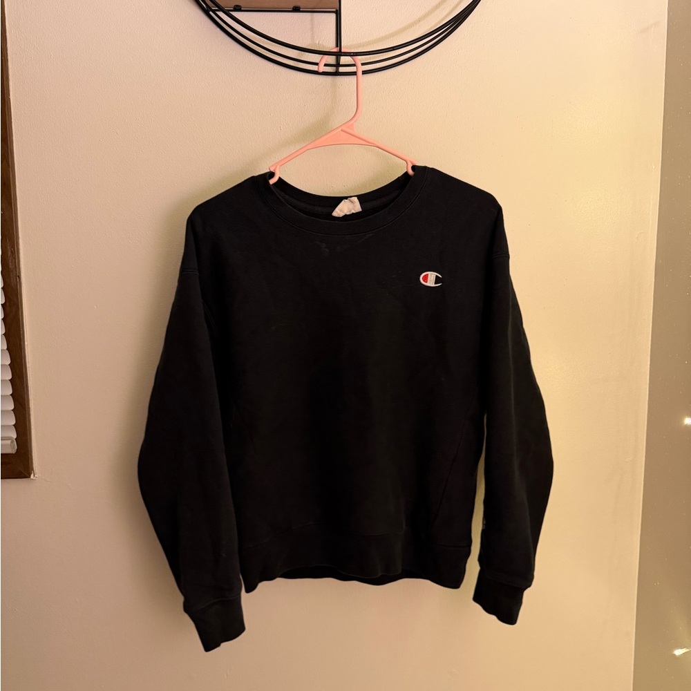 Champion Black Crew Neck with Blue Logo Tag